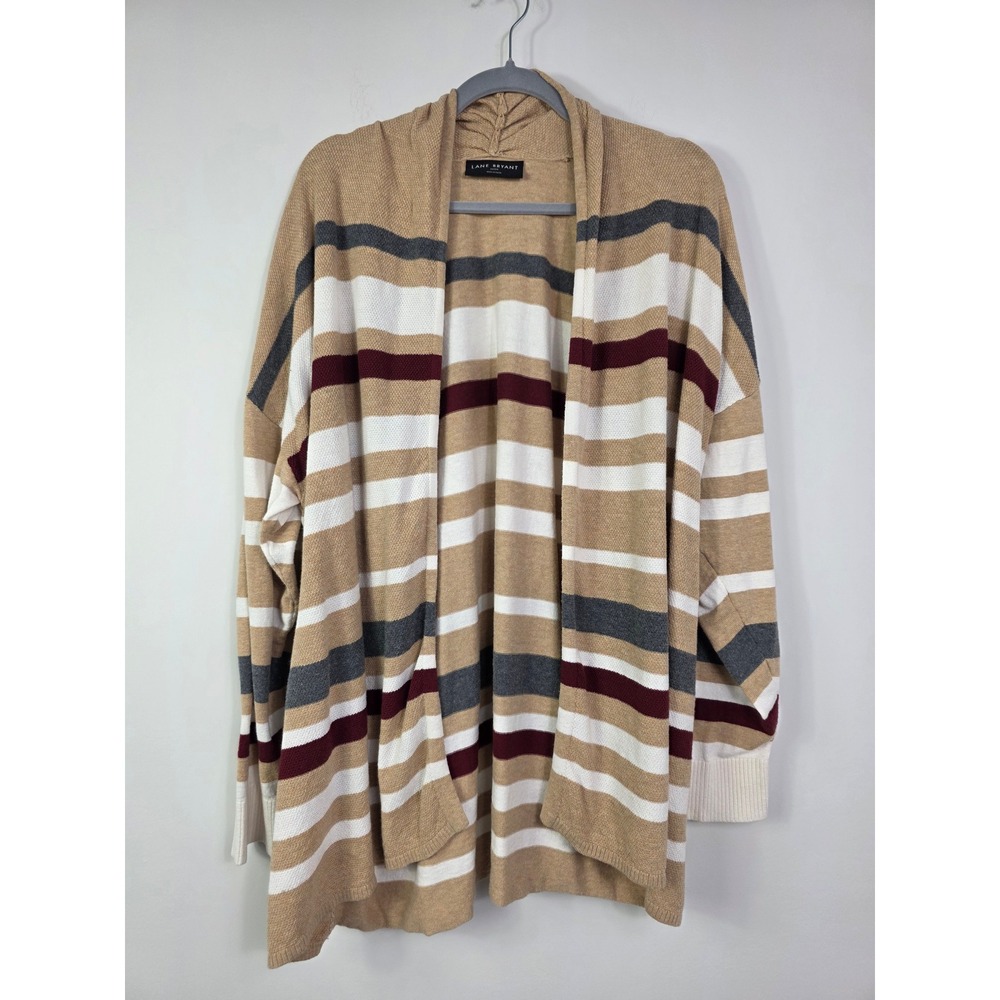 Lane Bryant Cardigan 22/24 Womens Striped Open Front Sweater Beige Burgundy Gray
